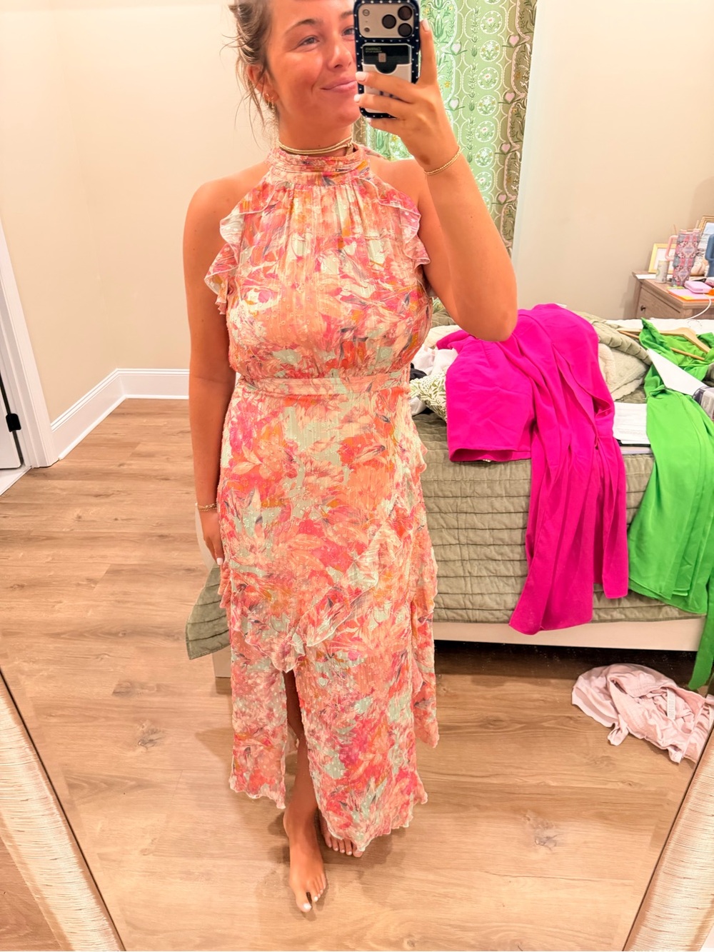 Alex Marie Coral Pink Floral Halter Maxi Dress